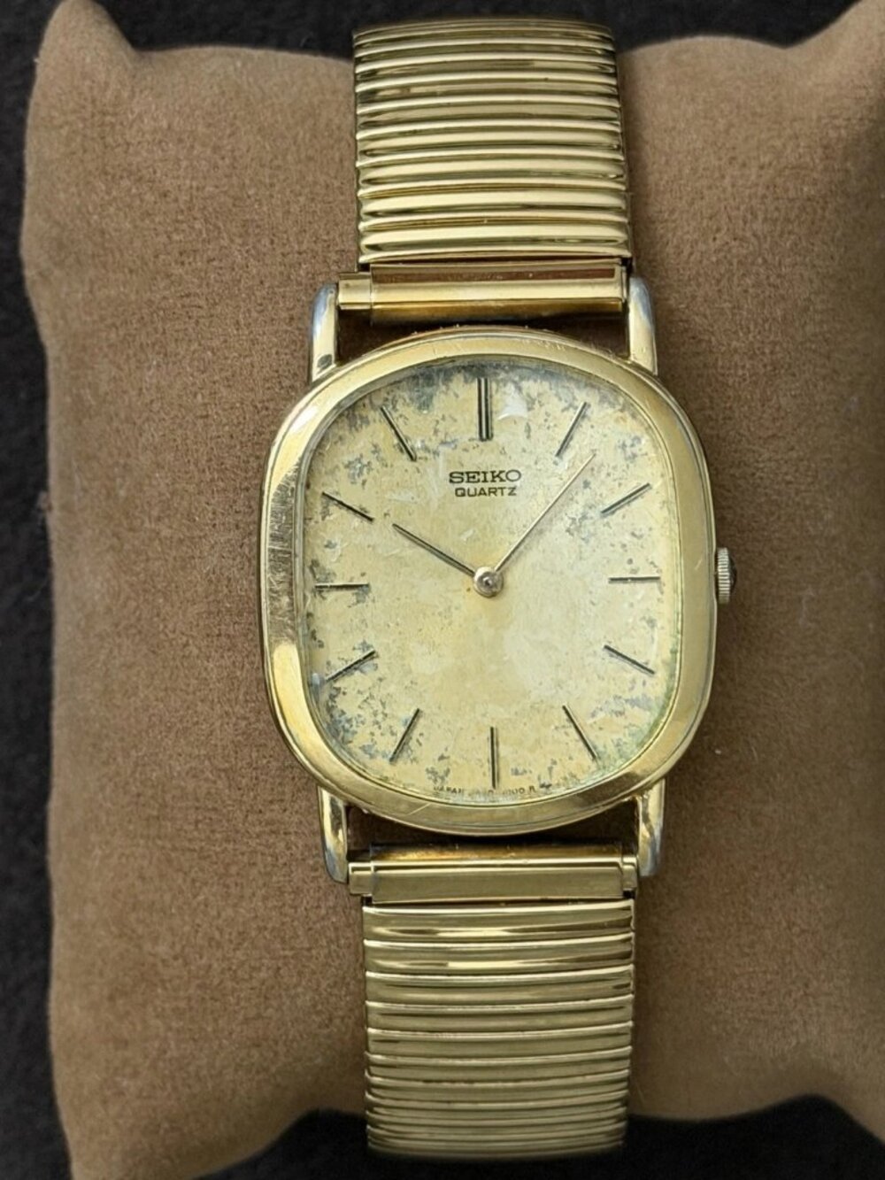 Seiko Quartz Vintage 1980s 26mm Cushion Gold Dial Two-Tone Expansion Bracelet